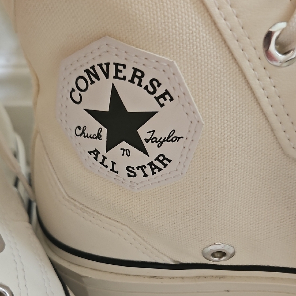 Converse High Top Platform Sneakers in Cream with Black Stripe - Picture 2 of 6